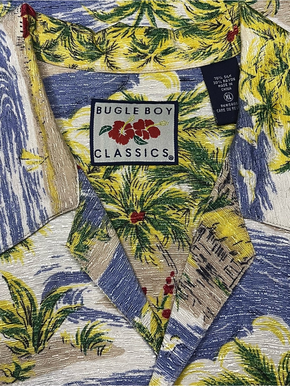 Bugle Boy Short Sleeve Hawaiian Shirt Men XL Green Blue Boats Palms Vintage